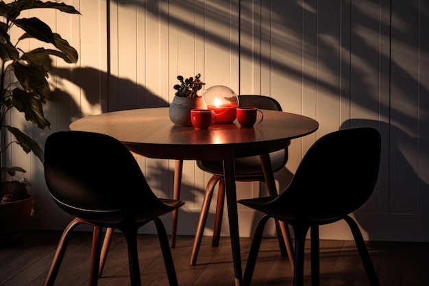 una pequeña mesa de comedor y una silla negra