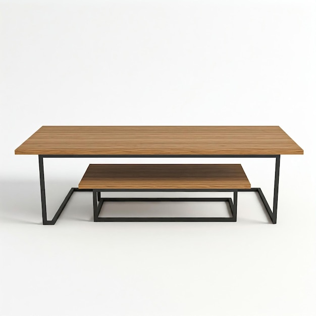una pequeña mesa de madera con un marco negro y un fondo blanco