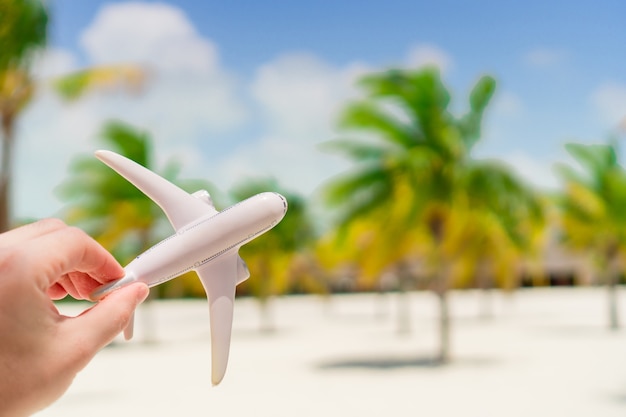 Pequena miniatura branca de um avião na exótica praia e palmt rees