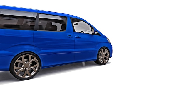 Pequena minivan azul para transporte de pessoas. Ilustração tridimensional em um fundo cinza brilhante. Renderização 3D.