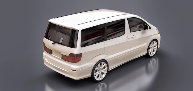 Pequena minivan branca para transporte de pessoas fundo cinza brilhante renderização 3d
