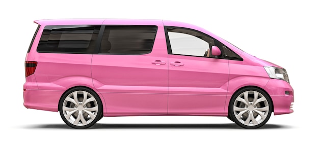 Pequena minivan rosa para transporte de pessoas. Ilustração tridimensional em um fundo branco brilhante. Renderização 3D.