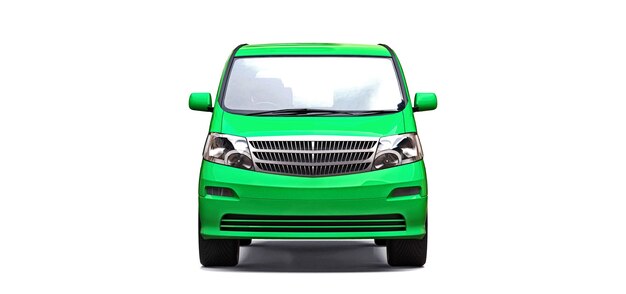Pequena minivan verde para transporte de pessoas. ilustração tridimensional em um fundo branco. renderização 3d.