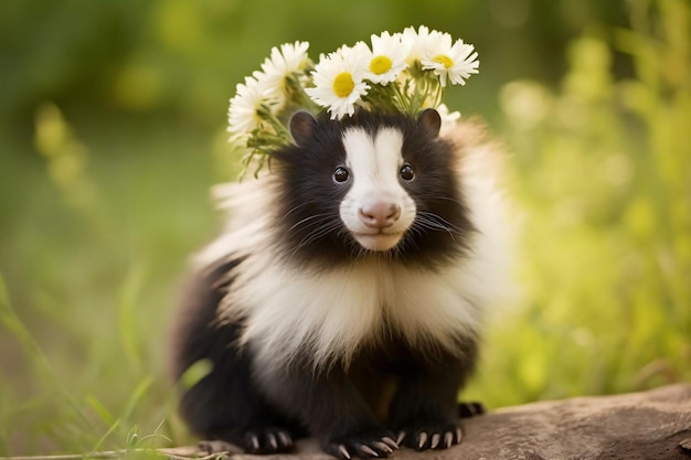 una pequeña mofeta con una corona de flores en la cabeza