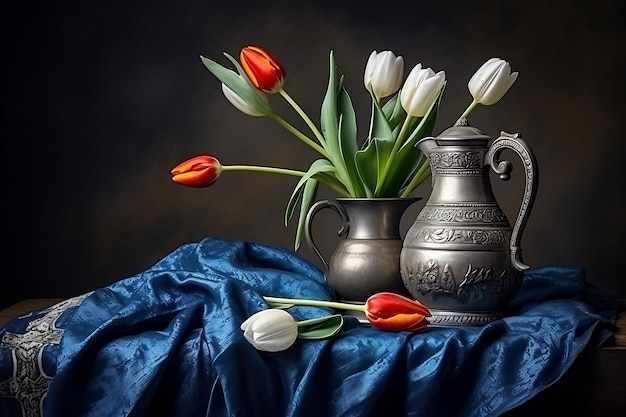 Pequena moldura perto de uma jarra com tulipas