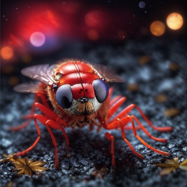 Una pequeña mosca roja espeluznante de cerca en foco colorida luna de medianoche