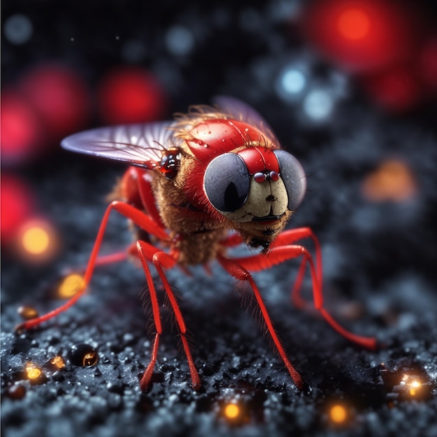 Una pequeña mosca roja espeluznante de cerca en foco colorida luna de medianoche