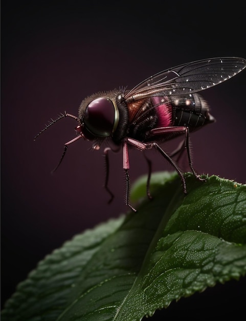 Pequena mosca vermelha amarela assustadora de perto em foco à meia-noite