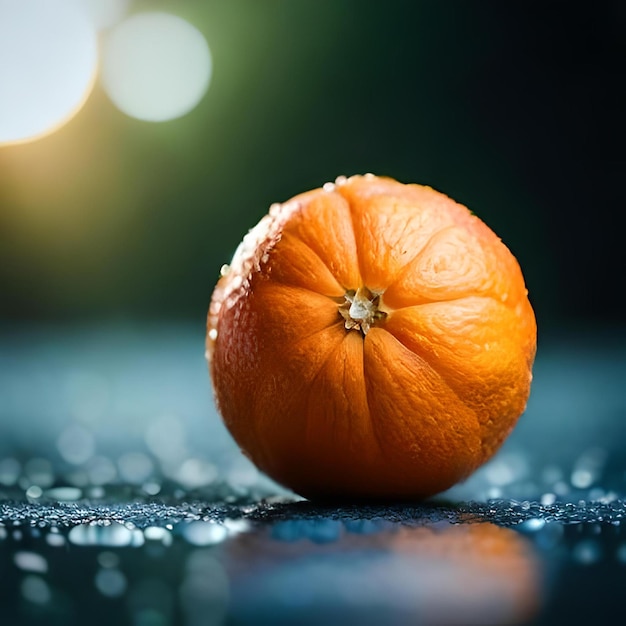 Una pequeña naranja está sobre una superficie húmeda con una luz brillando sobre ella.