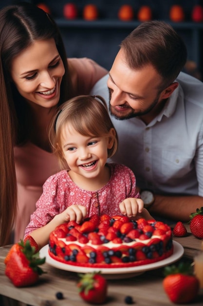 pequeña niña adorable preparando pastel con padres cariñosos en la cocina doméstica familia joven