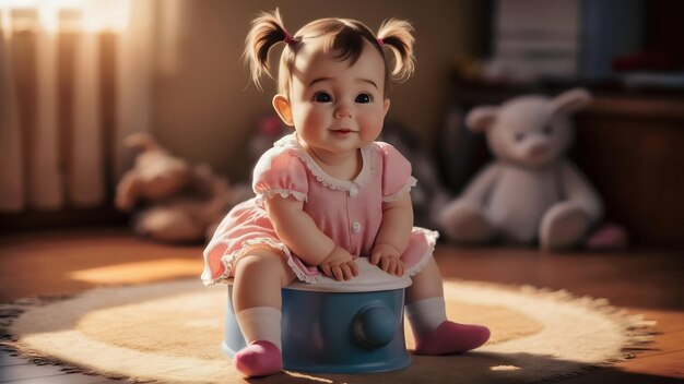 Foto pequeña niña bebé linda entrenamiento de educación para sentarse en la olla de cámara azul