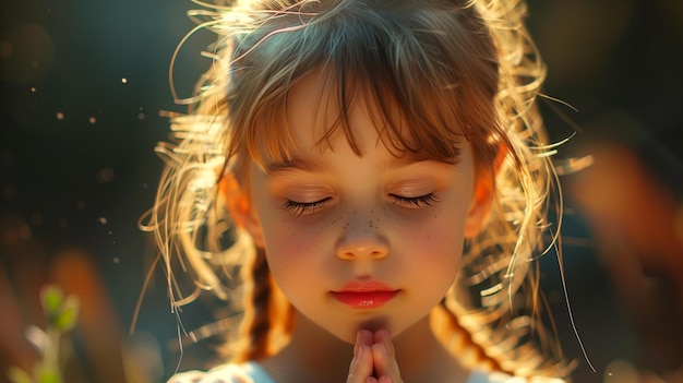 una pequeña niña caucásica de 10 años orando