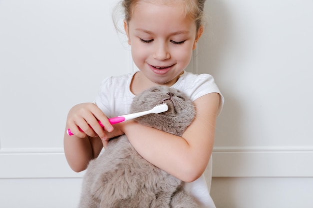 La pequeña niña divertida cepillando los dientes de gato con cepillo de dientesEstomatología de higiene oral