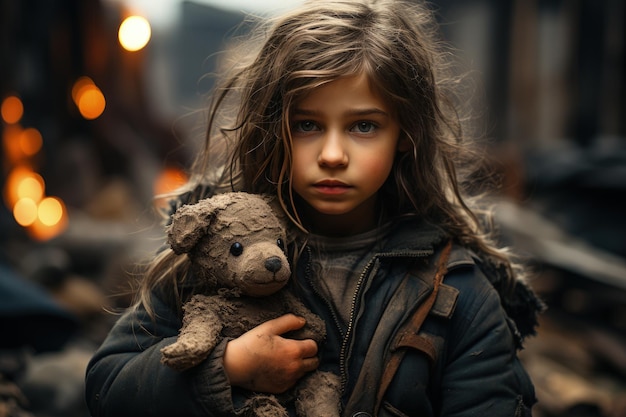 Pequeña niña palestina llorando abrazando peluche sucio borroso edificios destruidos detrás