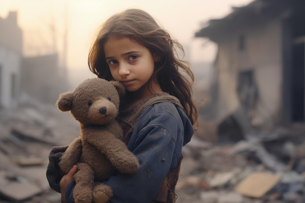 Pequeña niña palestina llorando abrazando peluche sucio borroso edificios destruidos detrás