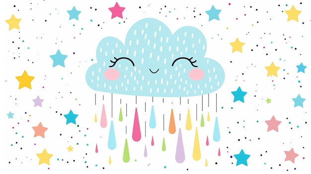 Pequena nuvem bonita com rosto kawaii ilustração de chuva colorida em fundo branco fundo de crianças