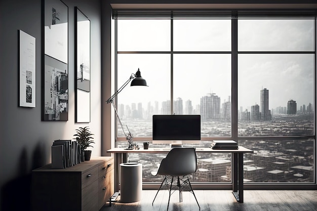 Pequeña oficina vacía en un interior moderno y acogedor con grandes ventanales y vistas a la ciudad