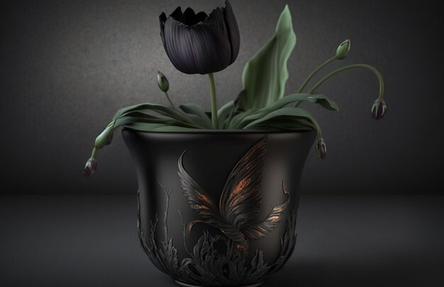 Pequeña olla de flores con tulipán negro reina de la noche