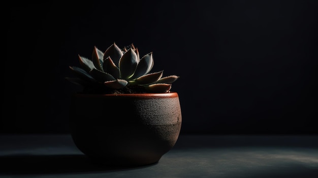 Una pequeña olla de plantas suculentas descansa sobre una mesa en una habitación oscura.