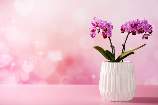 Pequena orquídea roxa em uma panela branca em um fundo rosa com corações e brilhos