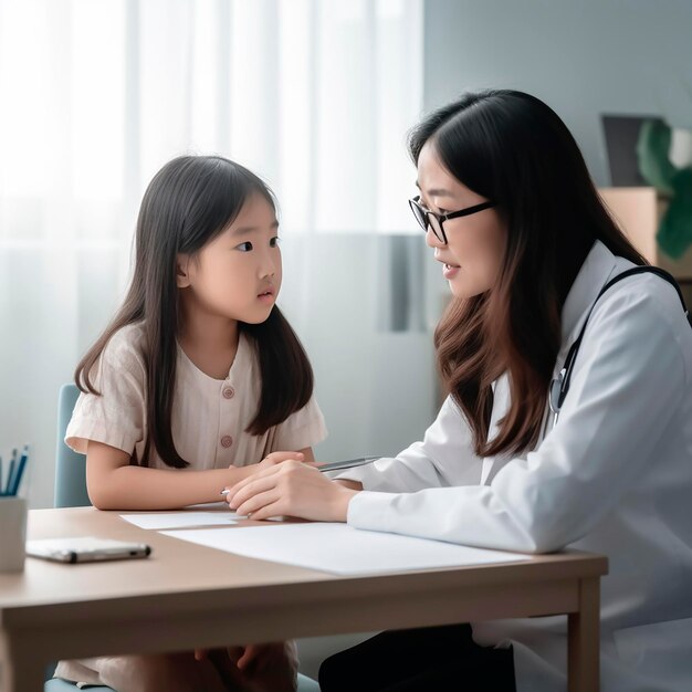 Pequeña paciente en la cita del médico mujer asiática médico en bata blanca hablando en la mesa con la chica