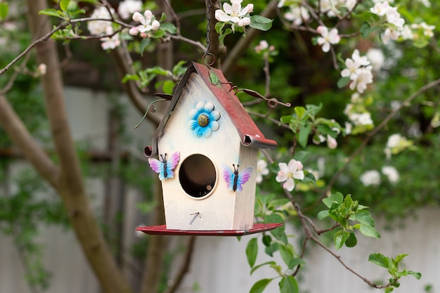 Pequeña pajarera en primavera sobre un manzano floreciente. tiempo de primavera naturaleza