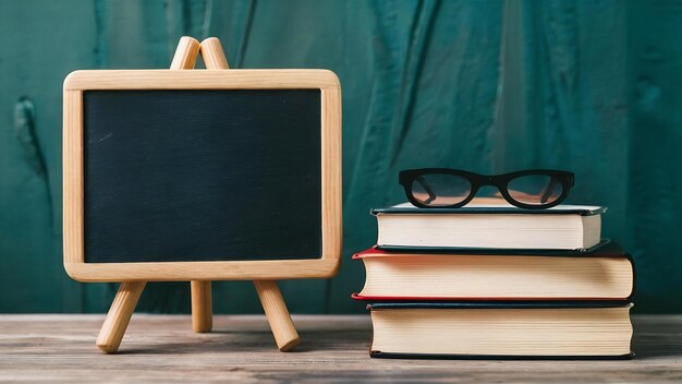 Pequeña pizarra y libros de texto en la mesa