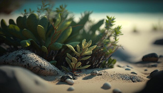 Una pequeña planta en la arena con el mar de fondo