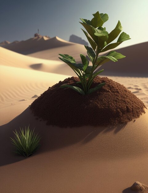 Foto una pequeña planta brota de un montículo de arena.