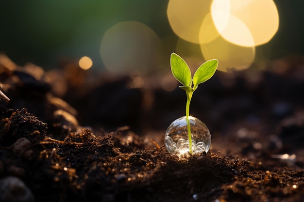 una pequeña planta crece a partir de una bola de cristal en la tierra