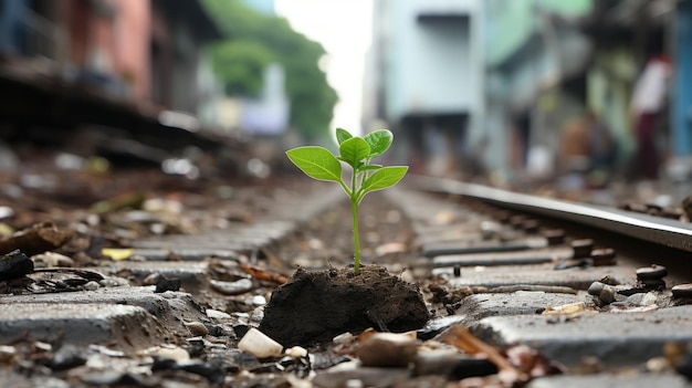 una pequeña planta crece del suelo en una vía de ferrocarril