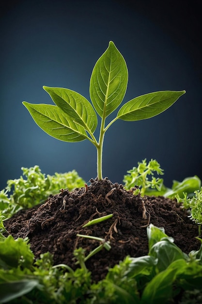 Foto una pequeña planta está creciendo en una olla con un fondo azul