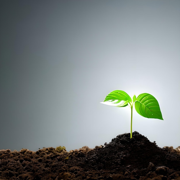 Foto una pequeña planta está creciendo en la tierra con la luz brillando sobre ella.