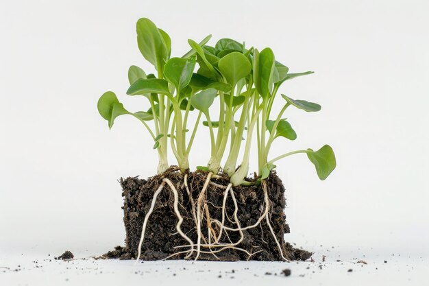 Foto pequena planta de broto verde com raízes e solo em fundo branco