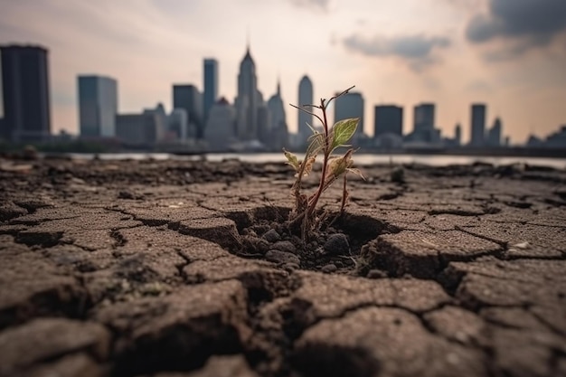 Pequena planta em lama seca e rachada contra o fundo do horizonte da cidade