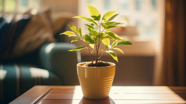 Pequena planta em uma panela dentro de uma sala