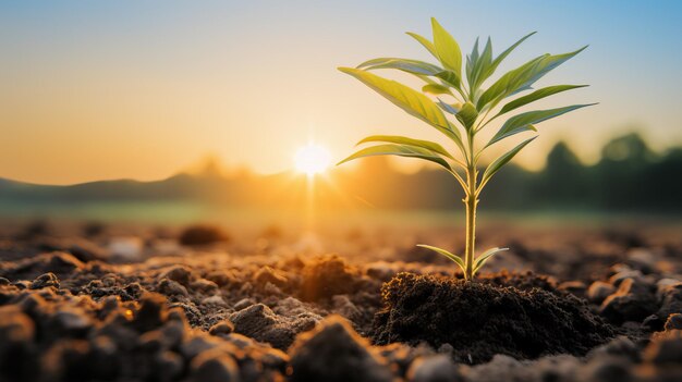 una pequeña planta está creciendo en un campo con el sol detrás de ella