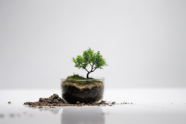 Una pequeña planta está creciendo en un montón de tierra