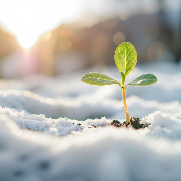 una pequeña planta está creciendo en la nieve