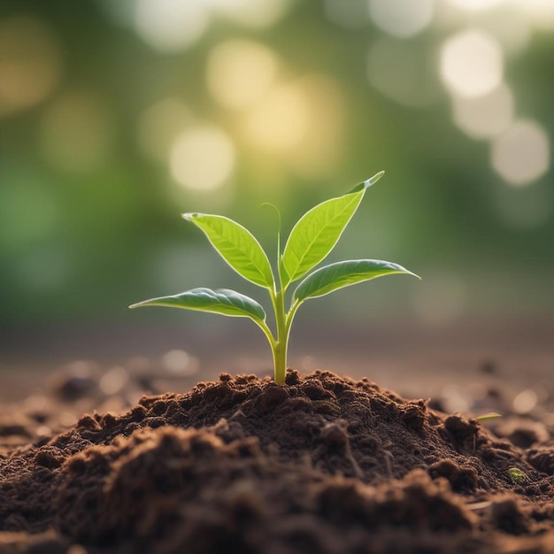 una pequeña planta está creciendo en la tierra