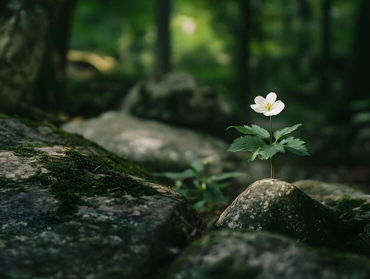 una pequeña planta con flor blanca que crece en las rocas de musgo en un bosque oscuro IA generativa