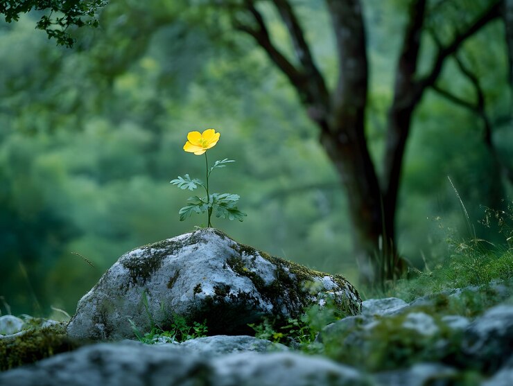 una pequeña planta con flor blanca que crece en las rocas de musgo en un bosque oscuro IA generativa