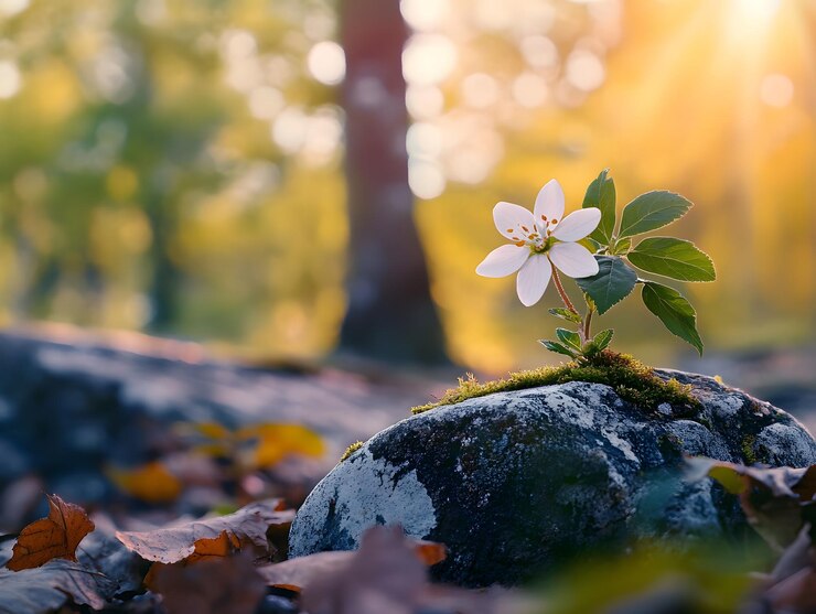 una pequeña planta con flor blanca que crece en las rocas de musgo en un bosque oscuro IA generativa