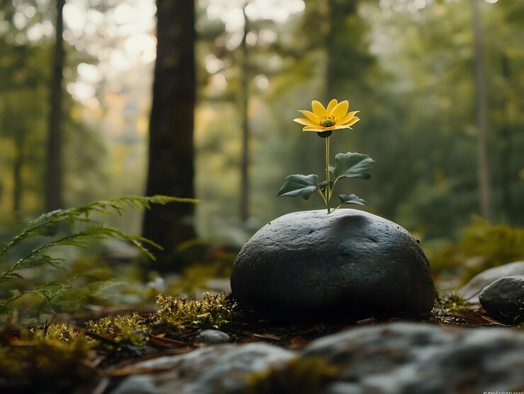 una pequeña planta con flor rosa que crece en una roca IA generativa