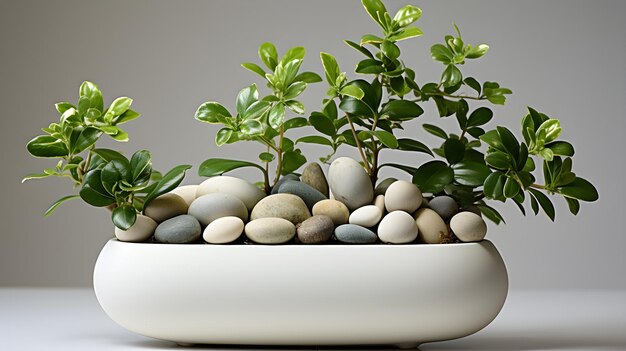 una pequeña planta en maceta está sobre una mesa blanca con algunas piedras