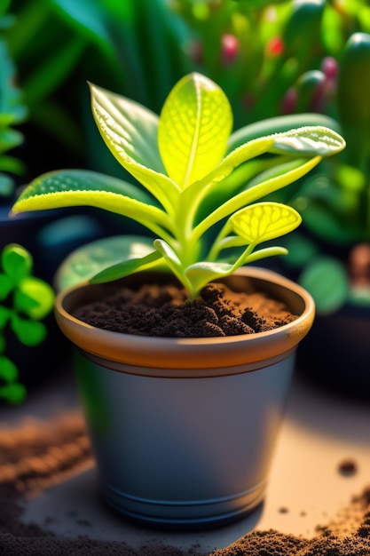 Una pequeña planta en maceta con una hoja verde en el centro.