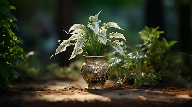 Foto una pequeña planta en maceta en un jarrón adornado aporta belleza al medio ambiente