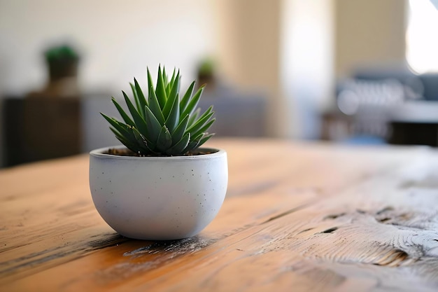 una pequeña planta en maceta sentada en la parte superior de una mesa de madera