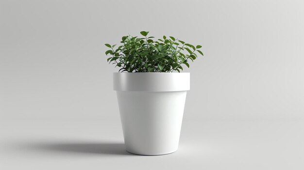 Una pequeña planta en maceta se sienta en una mesa blanca la planta tiene hojas verdes y está en una olla blanca la mesa está contra una pared blanca