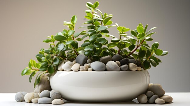 Foto una pequeña planta en maceta está sobre una mesa blanca con algunas piedras